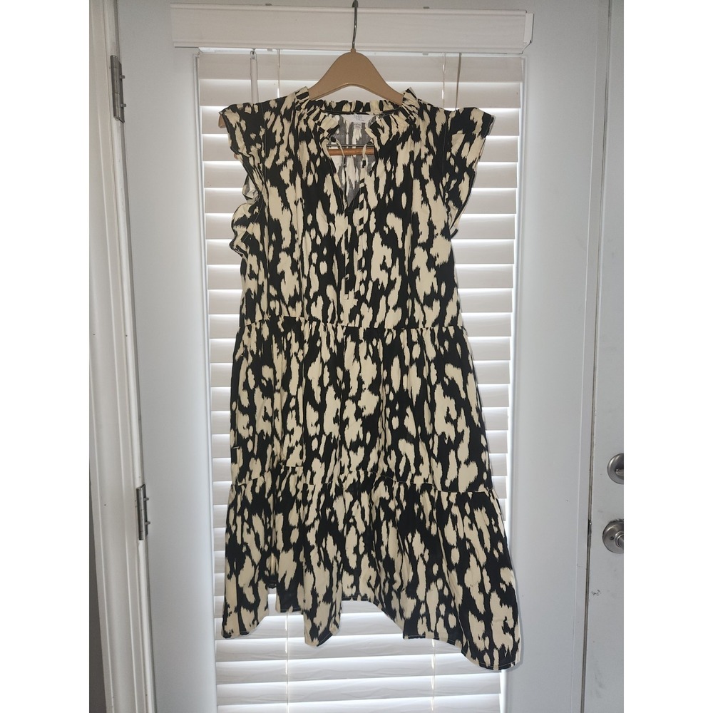 Time and Tru Women's Flutter Sleeve Cotton Mini Dress Black & Cream. Size Large
